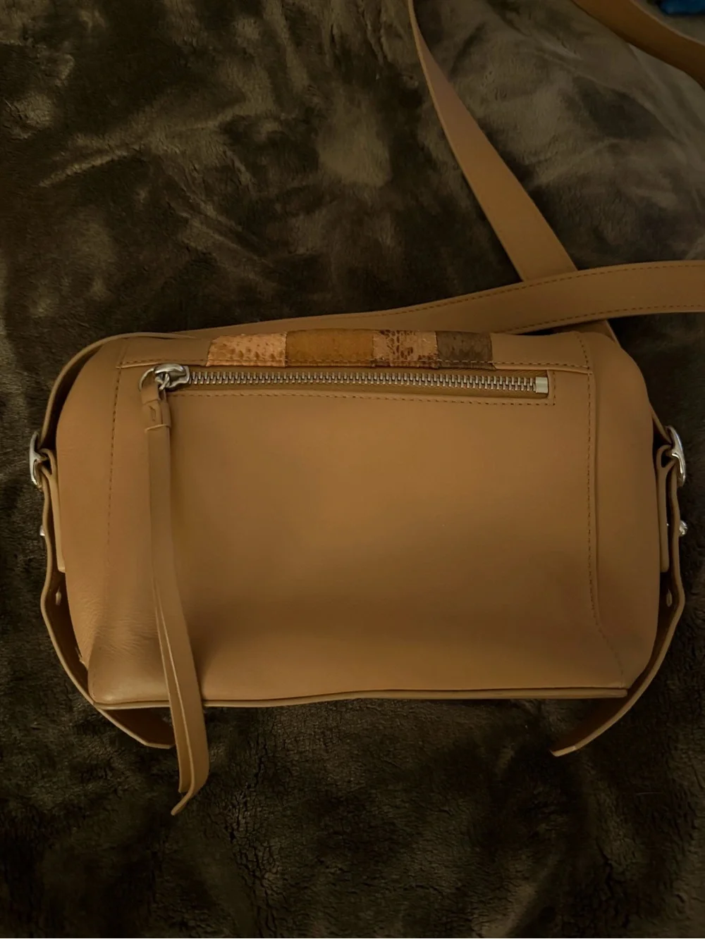 All Saints Taupe Leather & Suede Messenger Bag with Snakeskin Accent